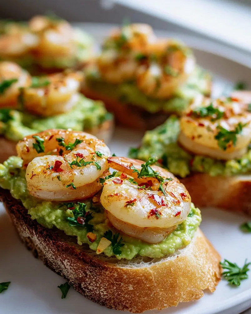 Avocado Knoblauch Garnelen Crostini