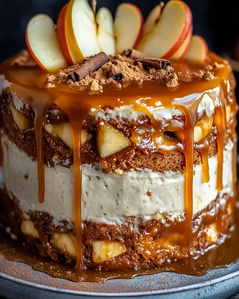 Bratapfeltorte mit Orangen-Zimt-Creme und Karamell-Drip