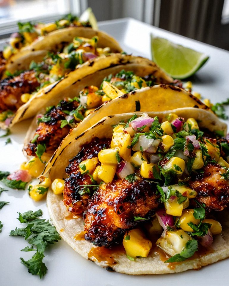 Crispy Maple Chili Chicken Tacos mit Mango-Mais-Salsa Rezept