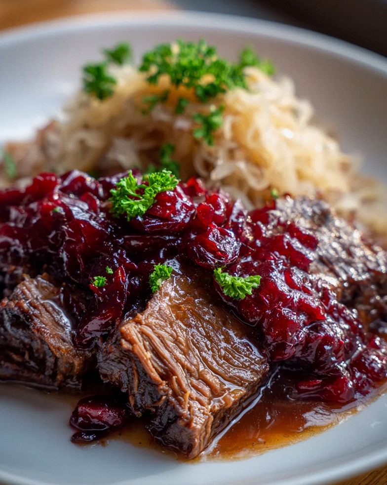 Deftiges Rindfleisch mit Sauerkraut und Cranberry-Glasur