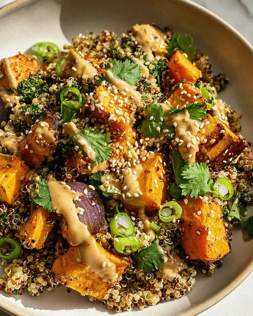 Gerösteter Süßkartoffel Quinoa Salat mit Sesam-Miso-Sauce