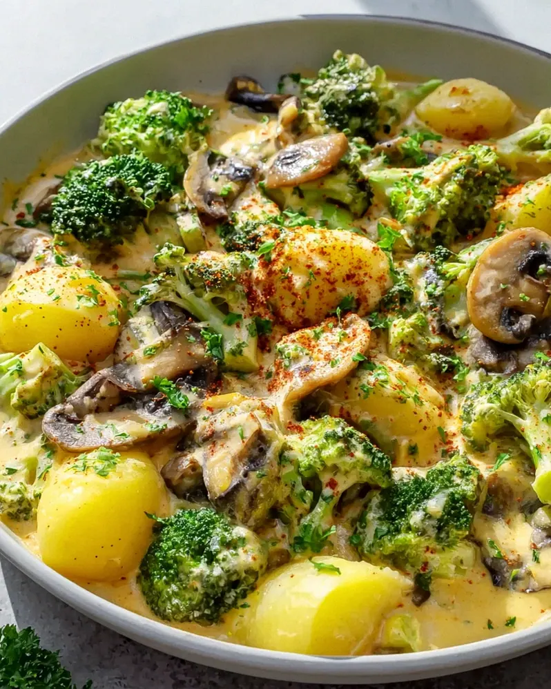 Herzhafte Brokkoli-Kartoffel-Pfanne mit Pilzen