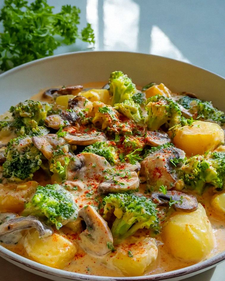 Herzhafte Brokkoli-Kartoffel-Pfanne mit Pilzen – Schritt 2