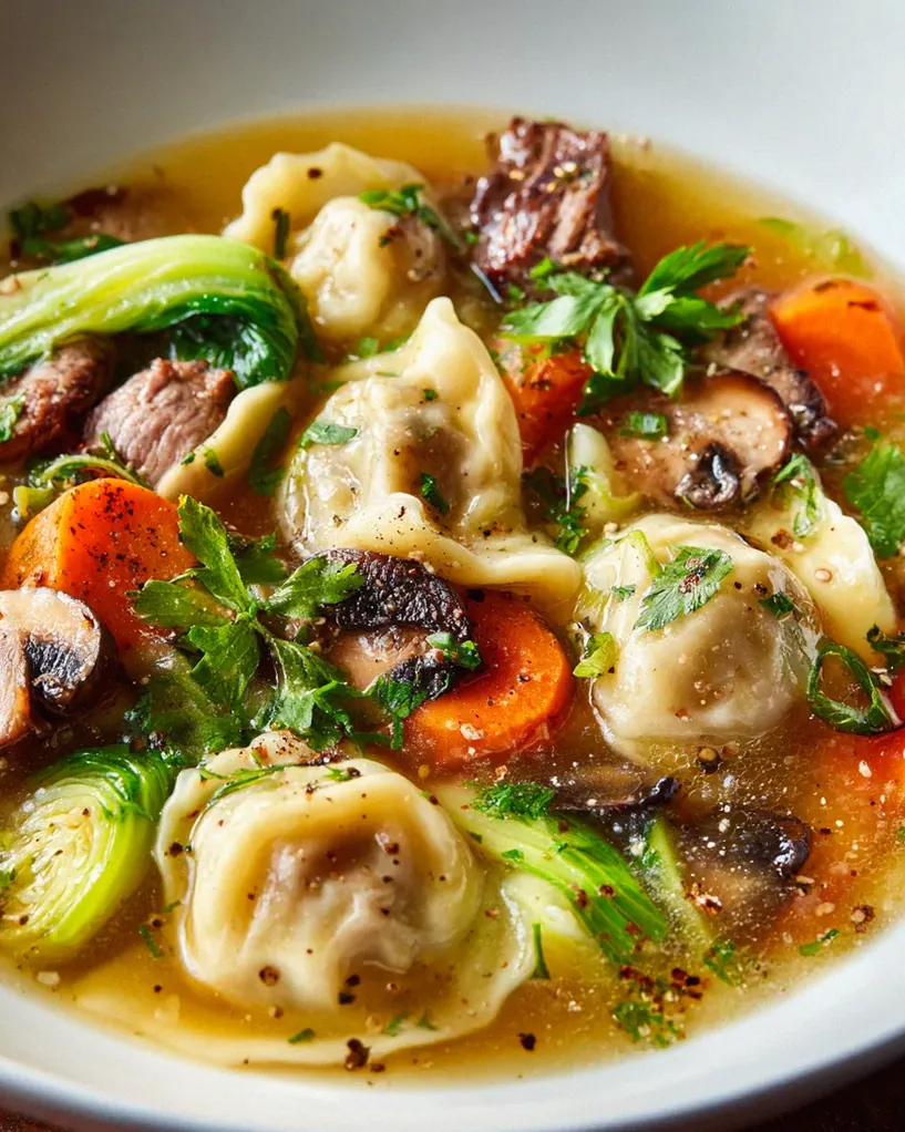 Herzhafte Rindfleisch-Dumpling Suppe mit frischem Gemüse