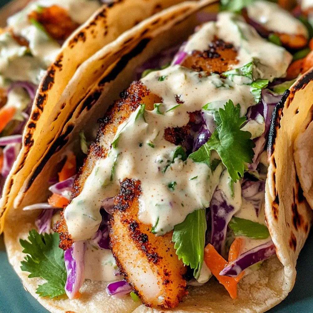 Kabeljau Tacos mit würziger Slaw und cremiger Sauce