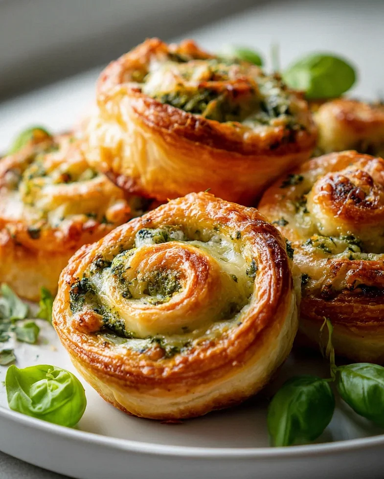 Knusprige Mini Blätterteig Schnecken mit Pesto & Käse