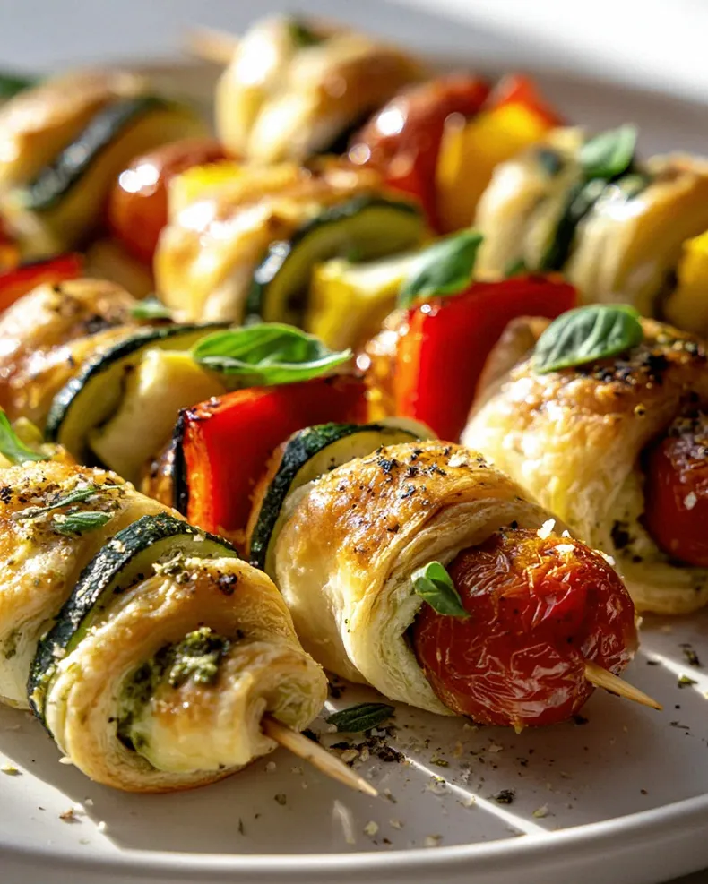 Mini Blätterteigspieße mit Pesto-Gemüse-Füllung genießen!