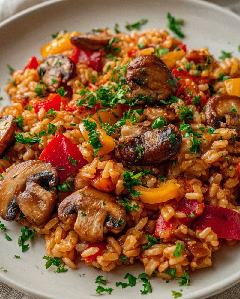 Vegetarisches Serbisches Reisfleisch mit Pilzen & Paprika